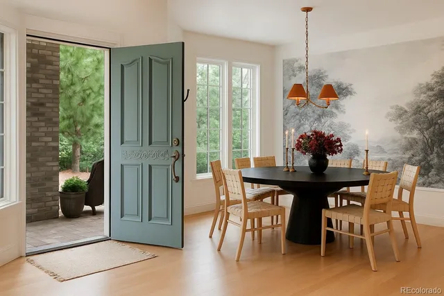 a view of a dining room with furniture window and outside view