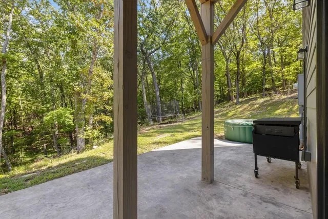 a view of a city with lush green forest