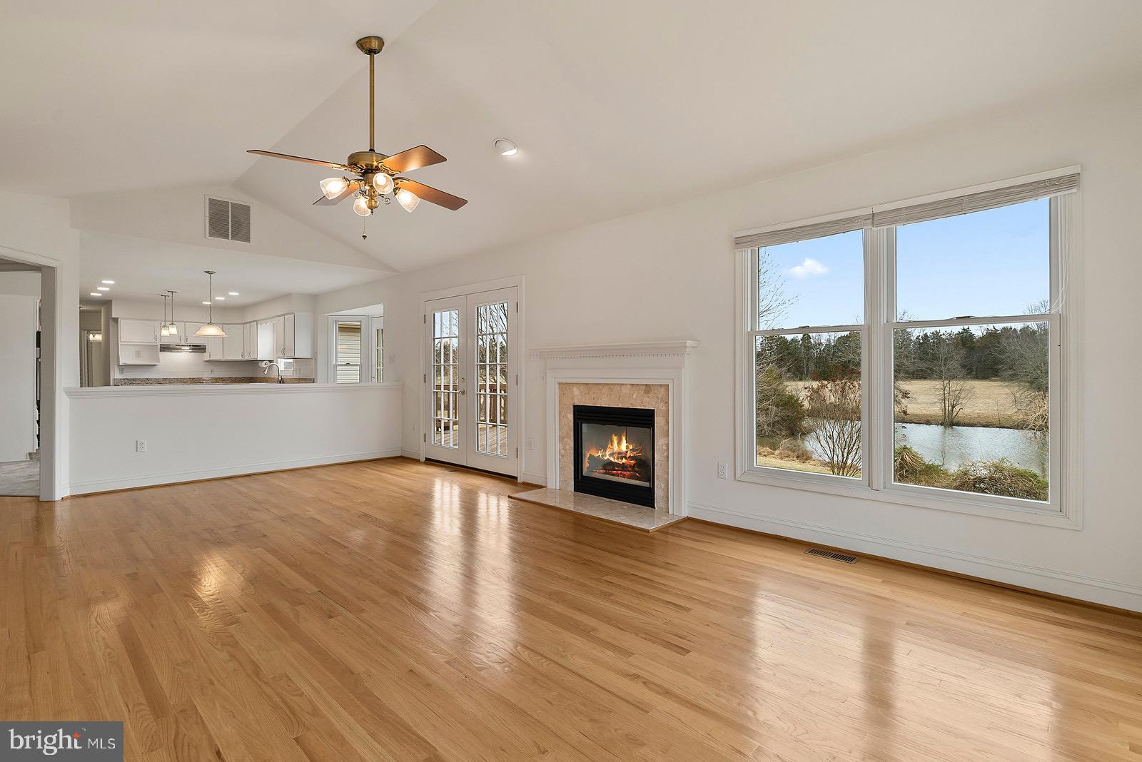 gas fireplace and pond view from family room