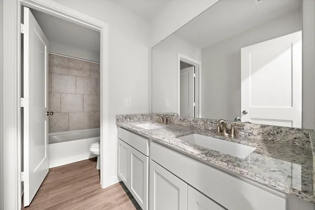 a bathroom with a granite countertop sink mirror and a bathtub