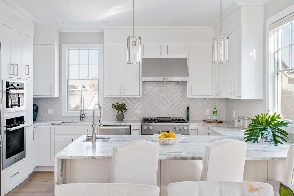 33 Summit Avenue, Unit 33 Brookline, MA 02446 - Photo 3 of 28 a kitchen with stainless steel appliances kitchen island granite countertop a sink a stove and a granite counter tops