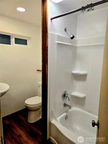 a bathroom with a bathtub and a toilet