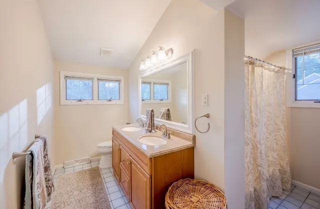 a bathroom with a sink a toilet and mirror