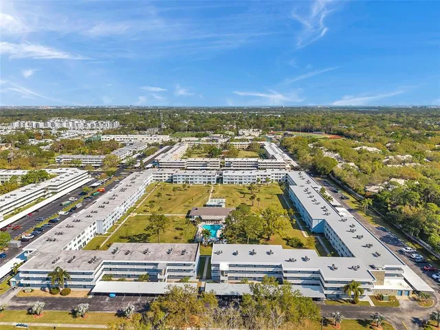an aerial view of a pool