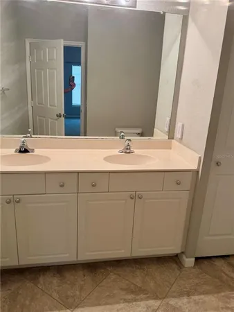 a bathroom with a sink and a mirror