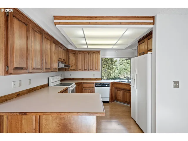 a kitchen with a refrigerator a sink dishwasher with a black white stove next to a window
