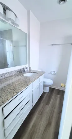 a bathroom with a granite countertop sink and toilet