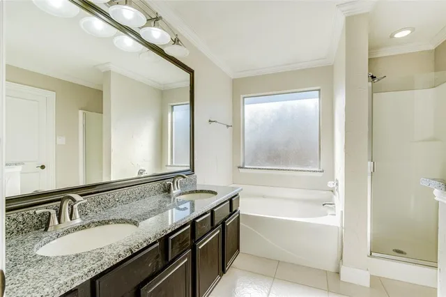 a bathroom with a granite countertop bathtub a sink and a mirror