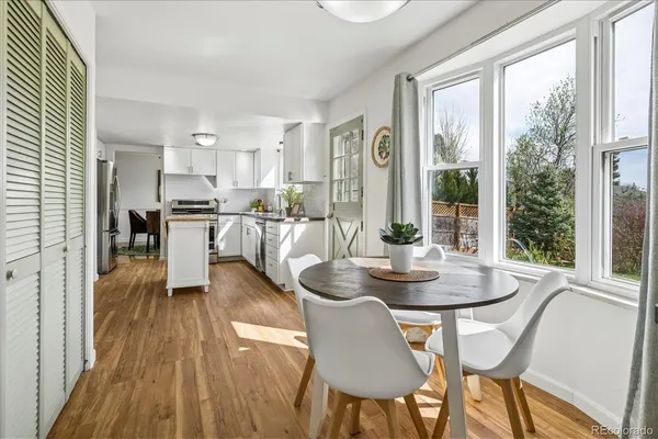a view of a dining room with furniture window and wooden floor