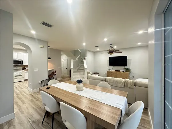 a view of a dining room with furniture