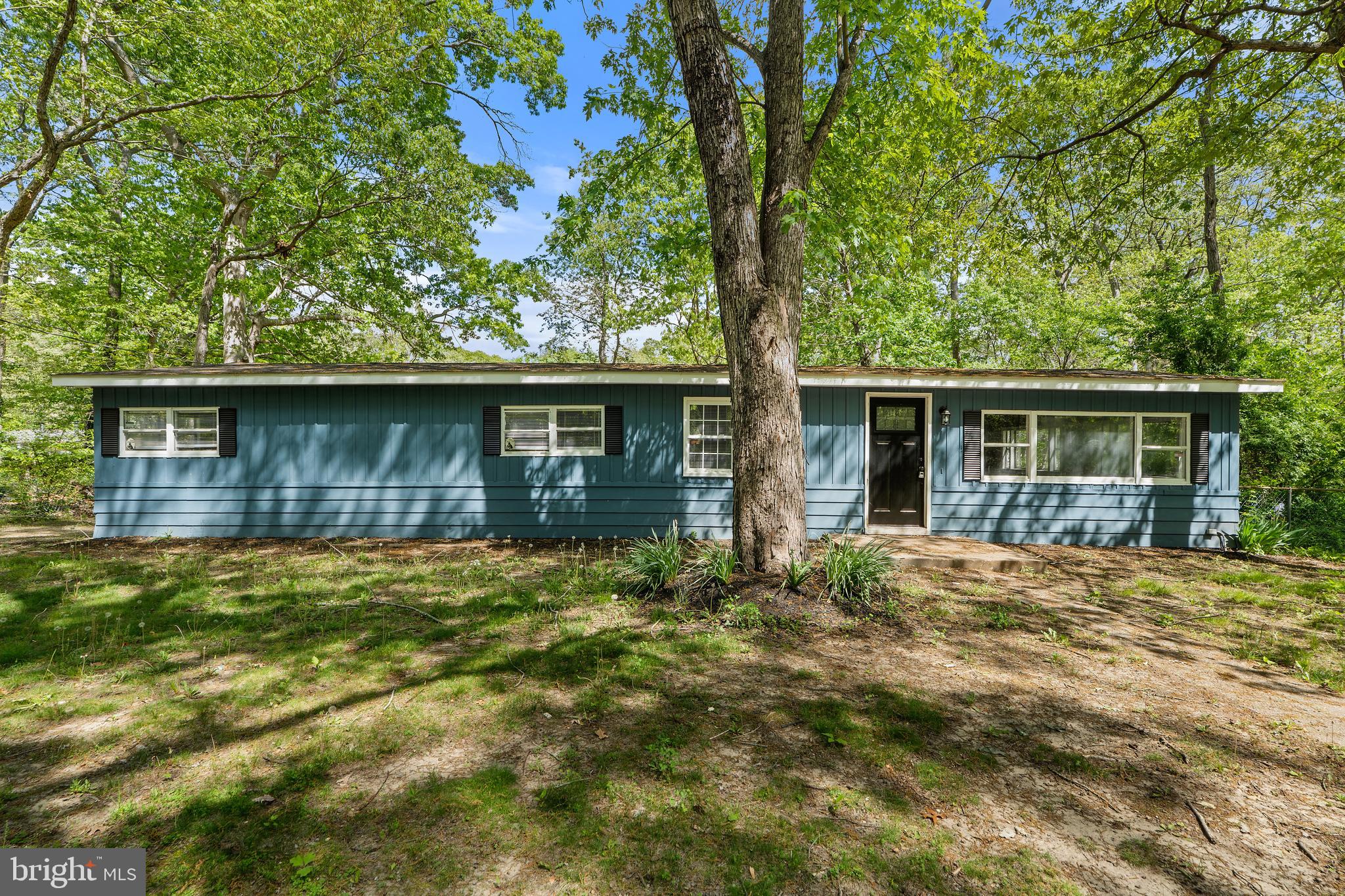 a backyard of a house with large trees and brick wall