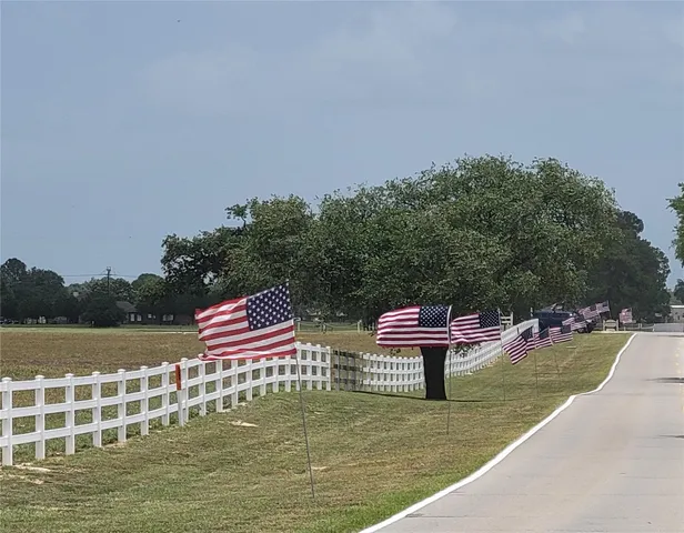 a view of a wooden deck and lake with trees in the background