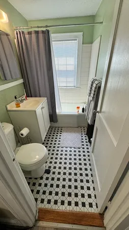 a bathroom with a sink a toilet a mirror and shower