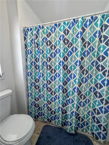 a white toilet sitting next to a shower curtain