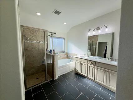 a bathroom with a double vanity sink mirror and shower