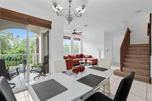a view of a dining room with furniture window and outside view
