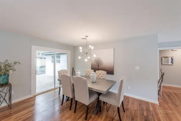 a view of a dining room with furniture and wooden floor