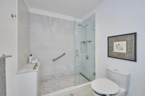 a bathroom with a toilet and a shower