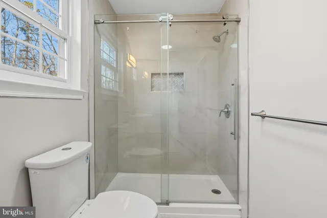 a bathroom with a shower and a toilet