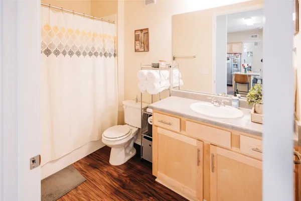 a bathroom with a sink toilet and shower
