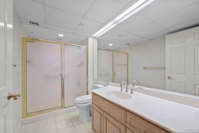 a bathroom with a granite countertop sink a toilet and shower