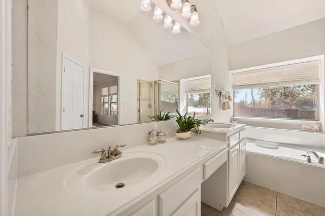 a bathroom with a sink a large mirror and a bathtub