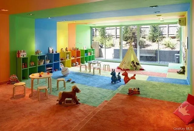 a garden view with a sitting space