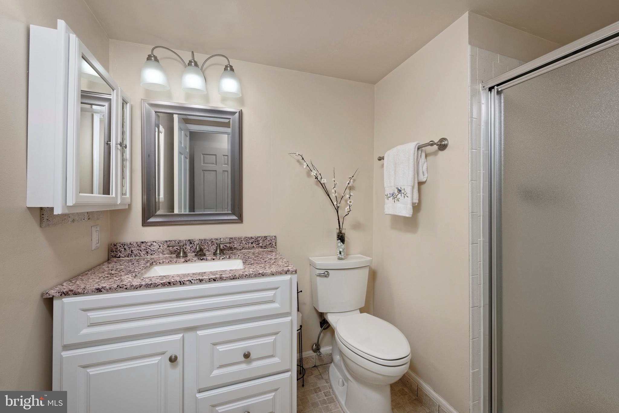 7680 Tremayne Place, Unit 308 McLean, VA 22102 - Photo 12 of 31 a bathroom with a granite countertop toilet sink and mirror