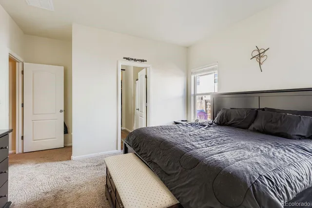 a bedroom with a bed and walk in closet
