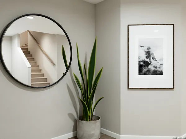 a view of a hallway with mirror