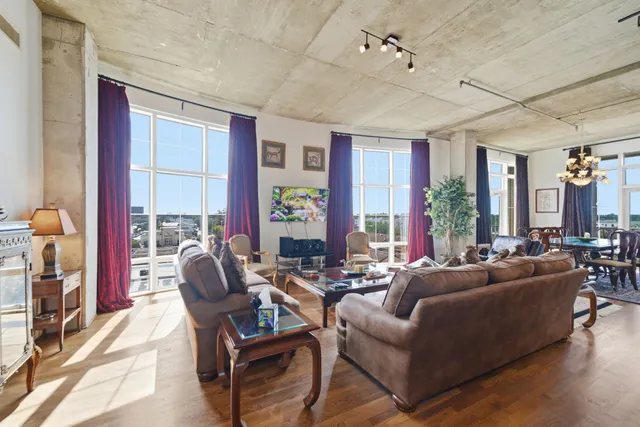 a living room with furniture and a potted plant