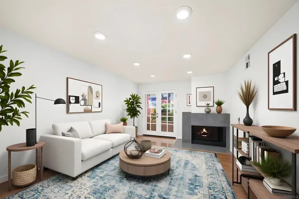 a living room with furniture a window and a fireplace
