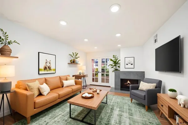 a living room with furniture a flat screen tv and a fireplace