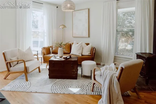 a living room with furniture a rug and a window