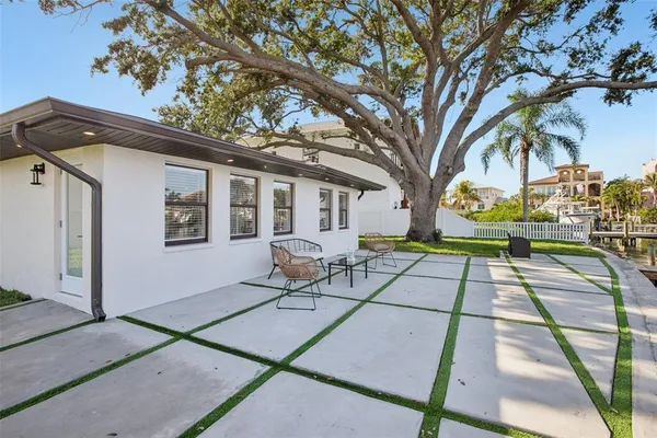 a view of a city with large trees