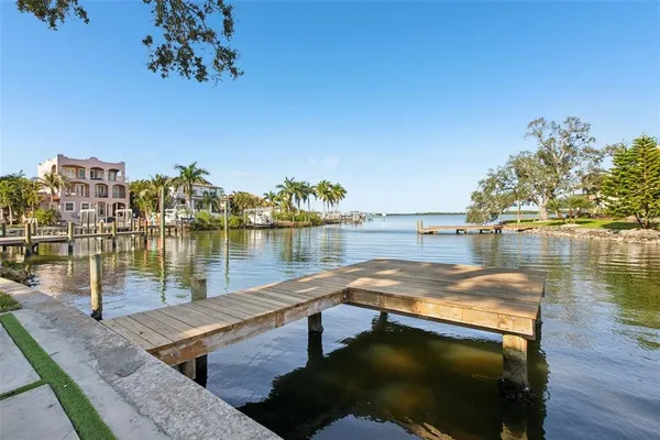 a view of an ocean with boats and trees in the background