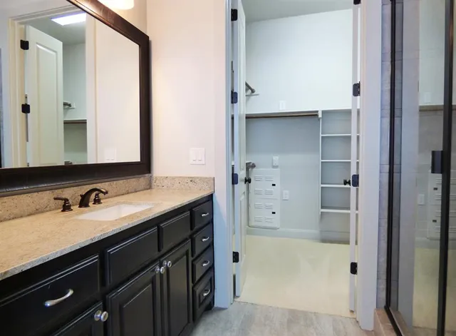 a bathroom with a sink and a mirror