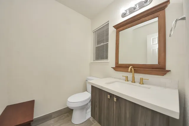 a bathroom with a sink vanity and a toilet