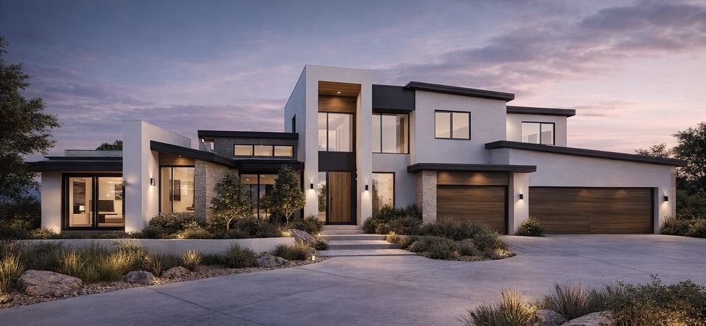 a front view of a house with garage and plants
