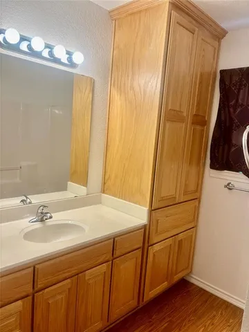 a bathroom with a sink and a mirror