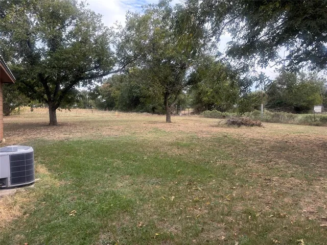 a view of dirt yard with large trees