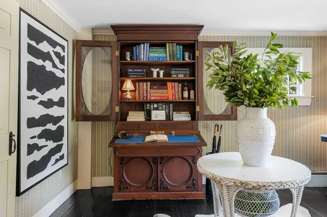 a living room with furniture and a potted plant