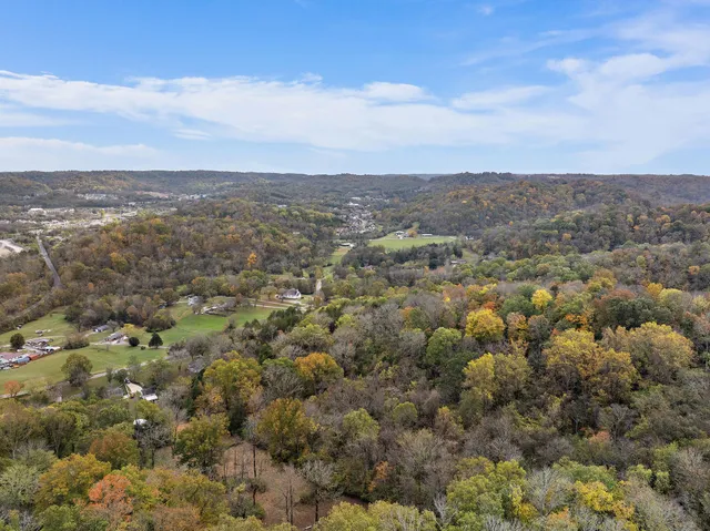 an aerial view of residential houses with outdoor space and trees