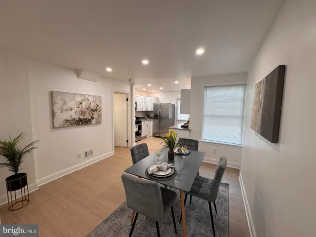 a view of a dining room with furniture