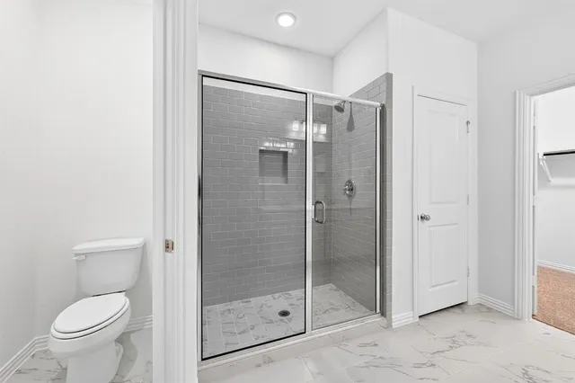 a bathroom with a shower and toilet