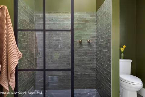 a bathroom with a toilet and a shower