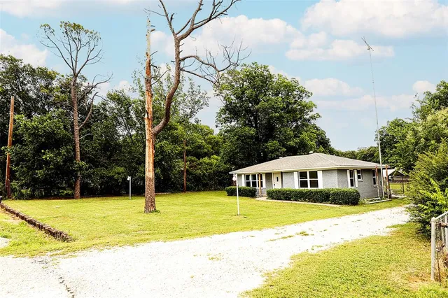 a view of house with swimming pool and yard