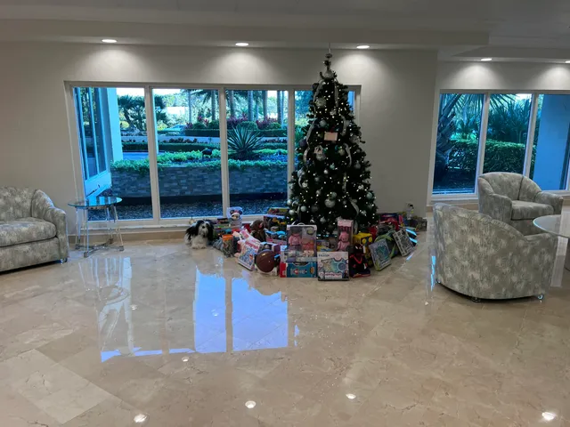 a lobby with a chandelier