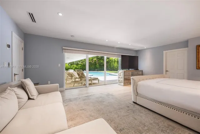 a spacious bedroom with a large bed and a large window