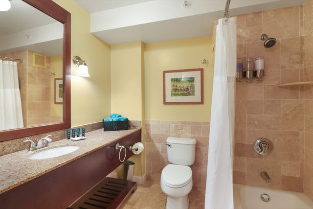 a bathroom with a granite countertop sink toilet and shower